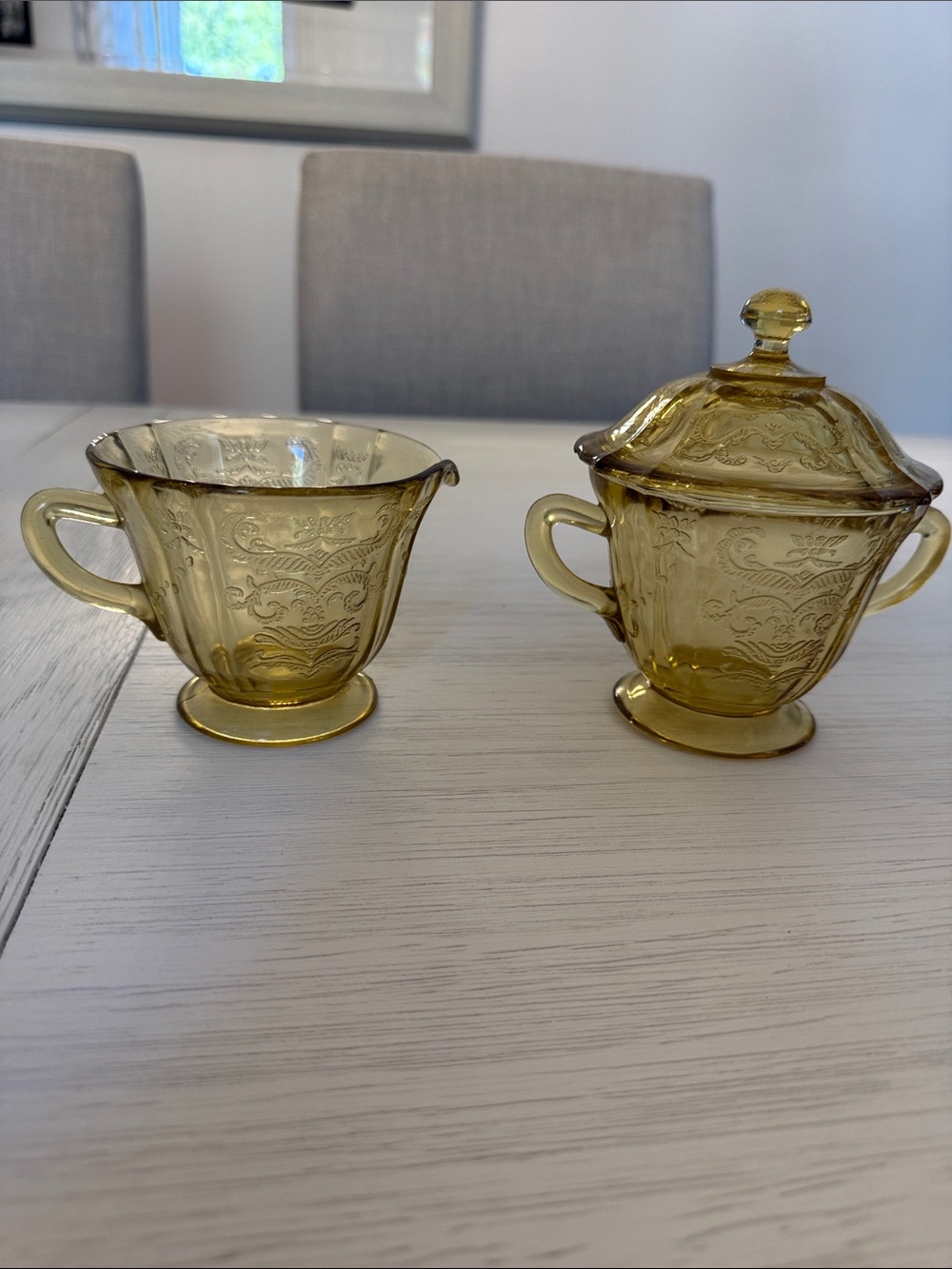 Amber Pressed Glass Sugar and Creamer Set - Elegant Serveware